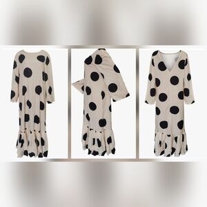 Maxi Satin Polka Dot Midi Tall Ruffle Hem Bell Sleeve M L XL Black Ivory
